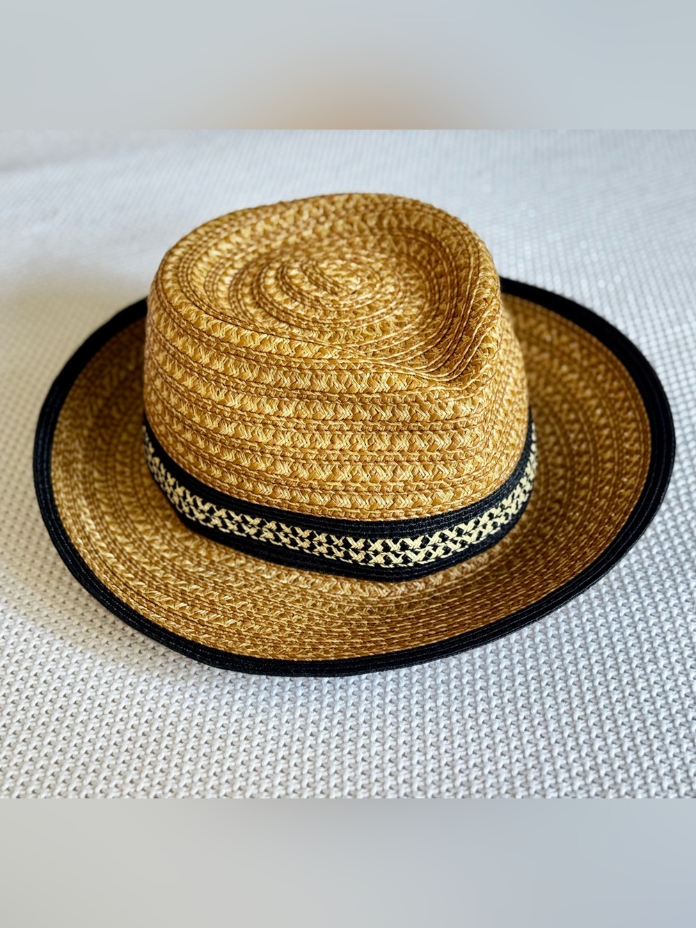 ERIC JAVITS Authentic Squishee Straw Hat UPF 50 Fedora Black Trim Patterned Band - Picture 3 of 14